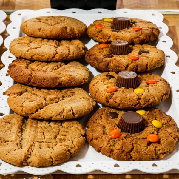 Peanut butter cookies and peanut butter cup cookies displayed on white scalloped trays.