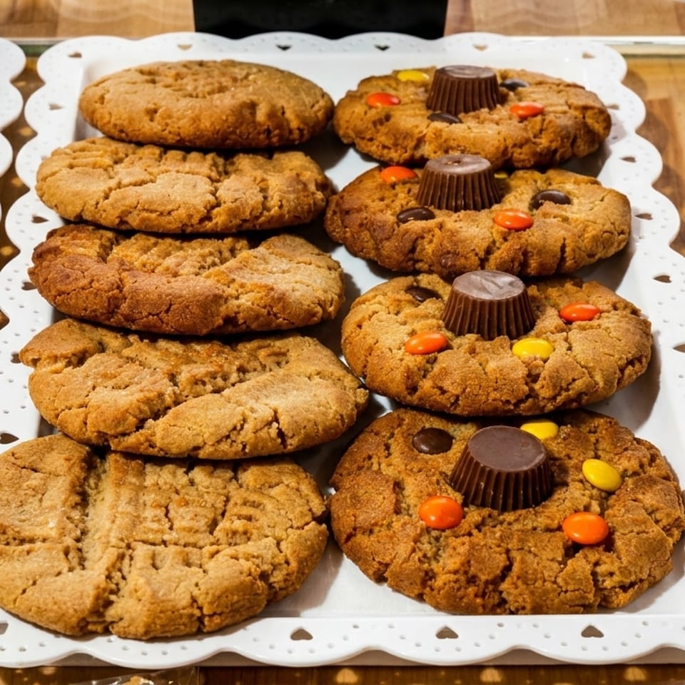 Peanut butter cookies and peanut butter cup cookies displayed on white scalloped trays.