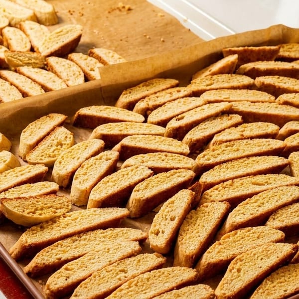 Rows of golden-brown biscotti cooling on two parchment-lined baking sheets.