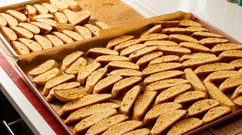 Many golden-brown biscotti are neatly arranged on two baking sheets lined with parchment paper.